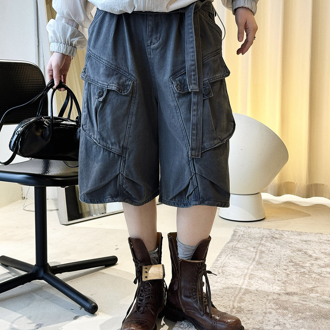 High Waist Wide Leg Denim Shorts with Raw Hem