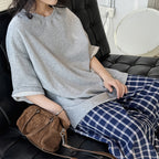 Round neck off shoulder oversized fleece T-shirt short sleeved loose fit top