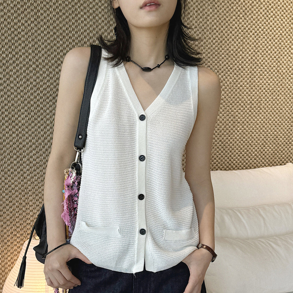 Sleeveless V-Neck Knit Button Vest Top