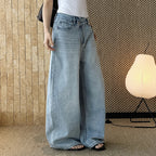 High waist denim jeans, wide leg loose fit, vintage wash