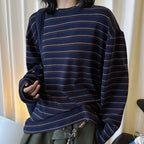 Retro minimalist round neck striped contrasting T-shirt top