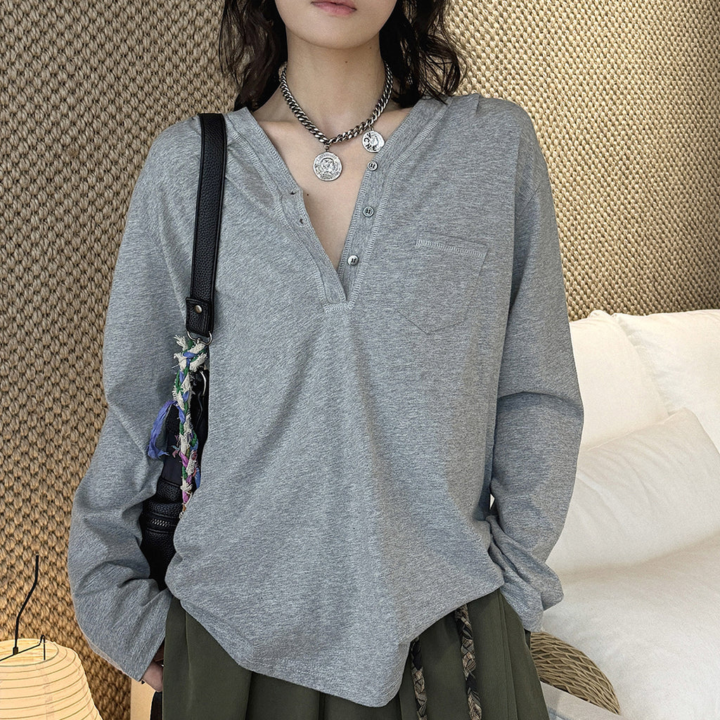 Loose fit v neck long sleeve button shirt top