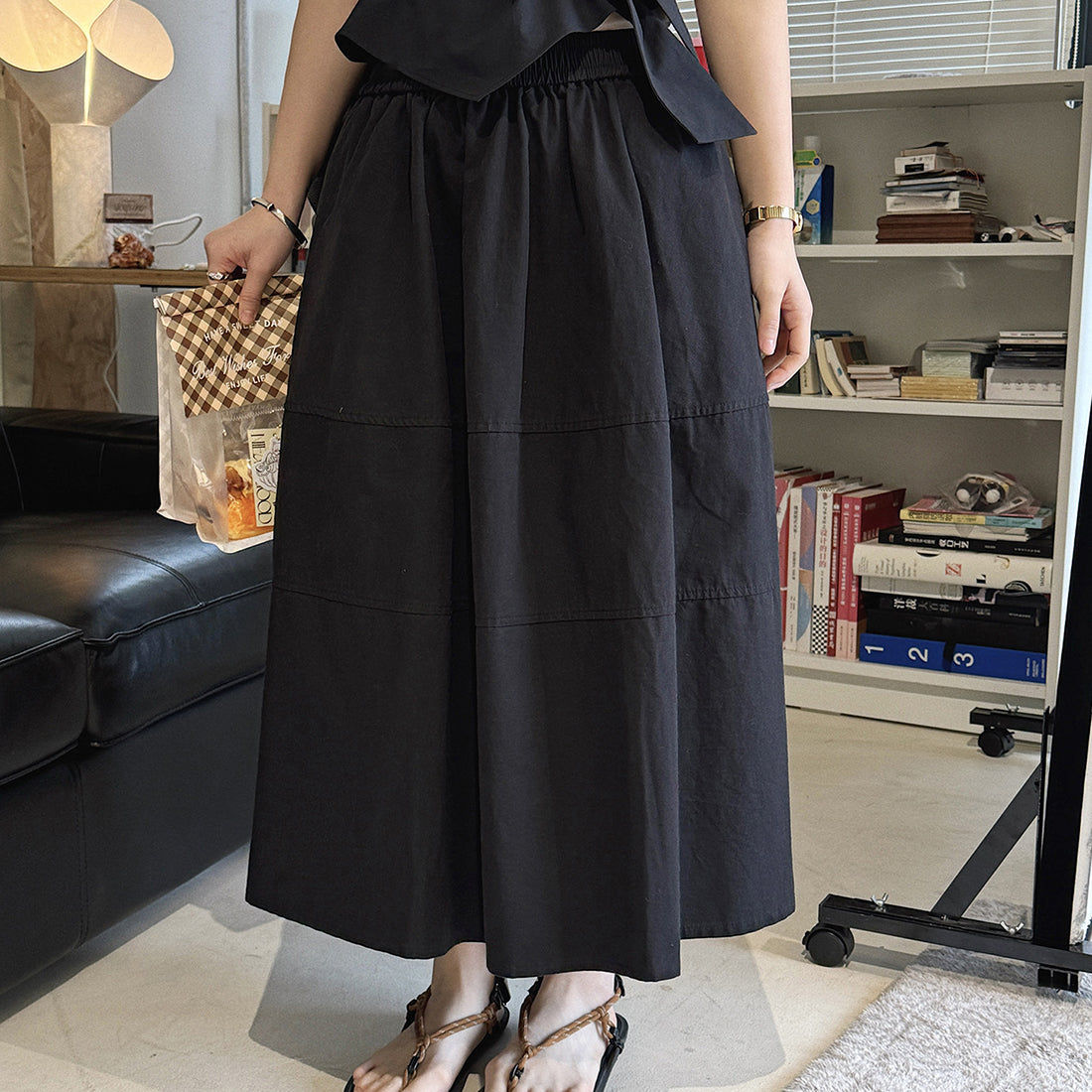 long skirt high waist elastic waist cotton a line midi skirt loose casual solid color skirt