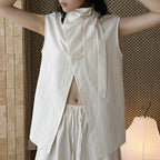 Sleeveless tie neck top women cotton linen loose summer blouse