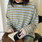 Color blocking round neck striped loose T-shirt