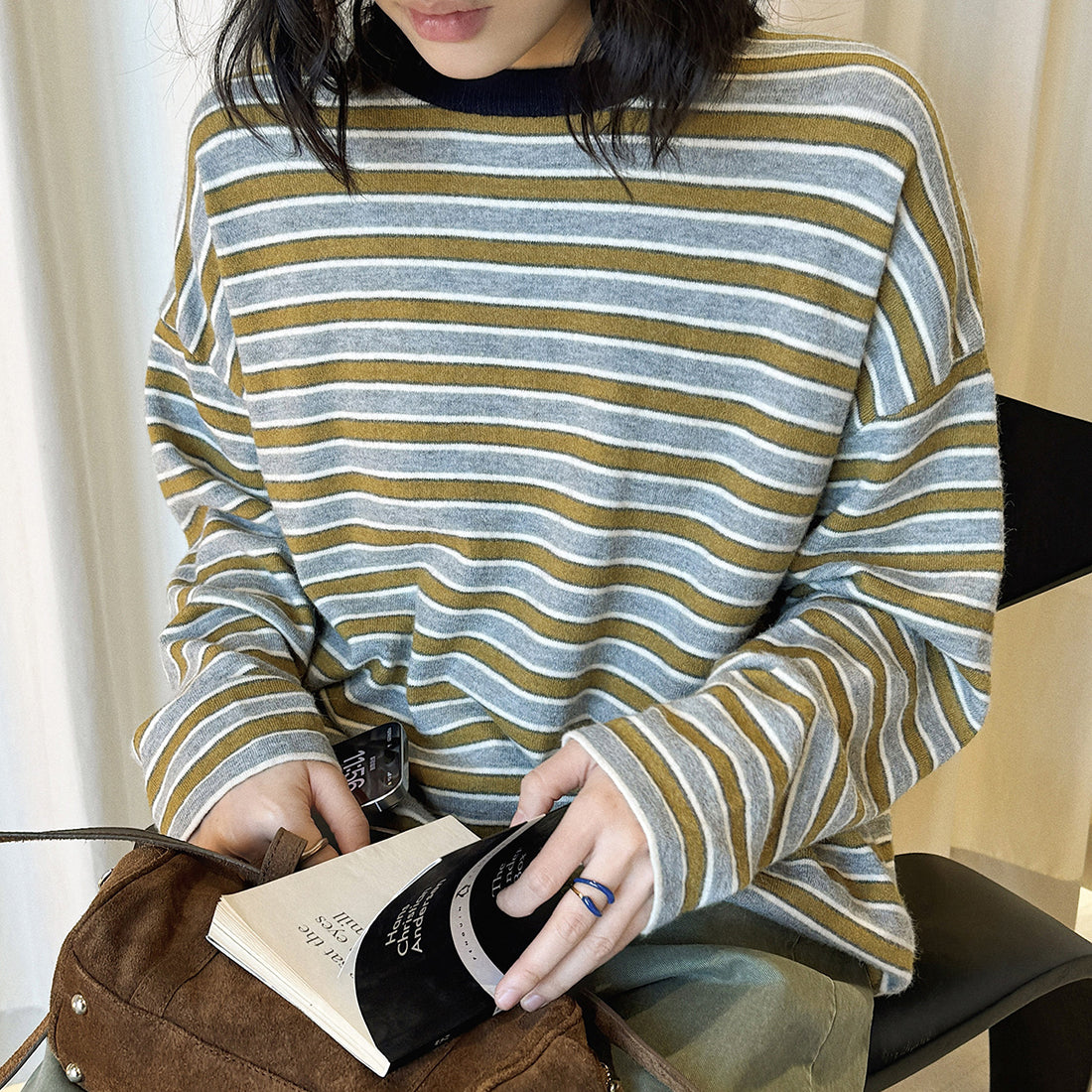 Color blocking round neck striped loose T-shirt
