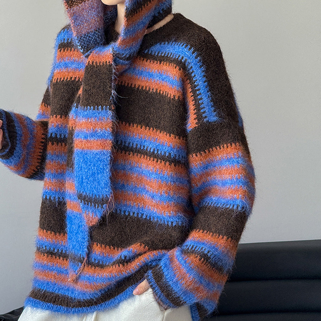 Loose retro contrasting striped sweater with shawl