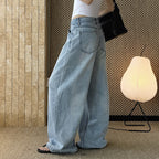 High waist denim jeans, wide leg loose fit, vintage wash