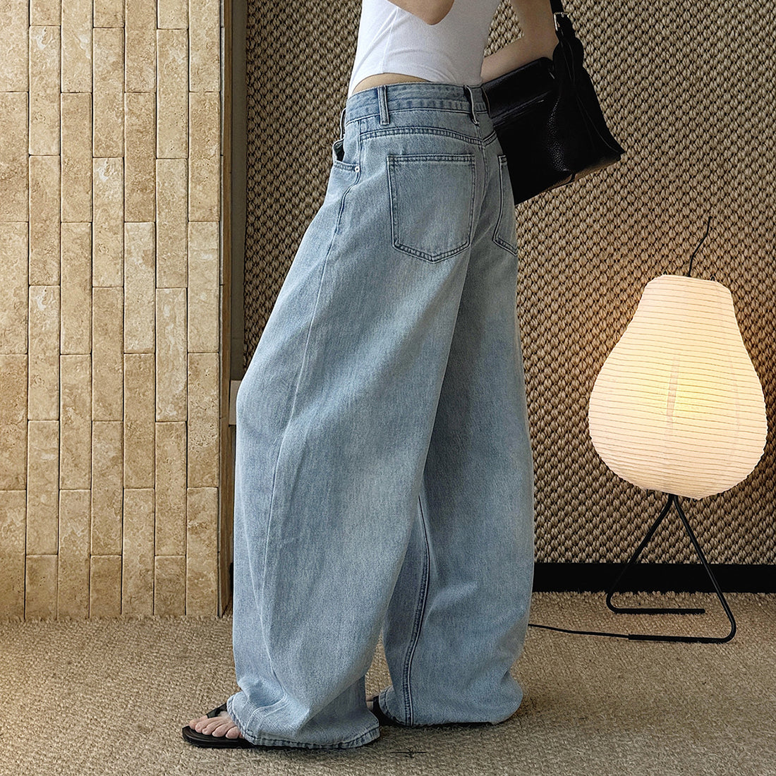 High waist denim jeans, wide leg loose fit, vintage wash