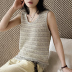 Women’s Sleeveless Openwork Knit Tank Top with Textured Hem