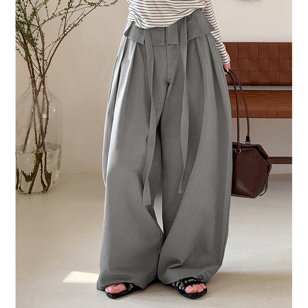 High waist pleated wide leg pants women loose drape trousers with tie waist