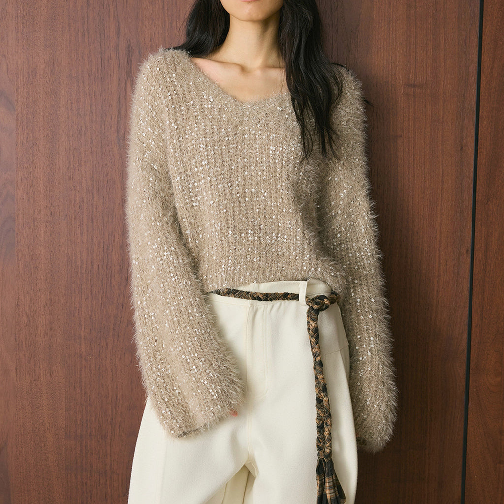 V-neck sparkling diamond long sleeved sweater top