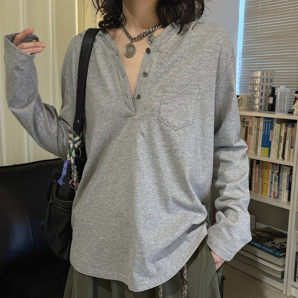 Loose fit v neck long sleeve button shirt top