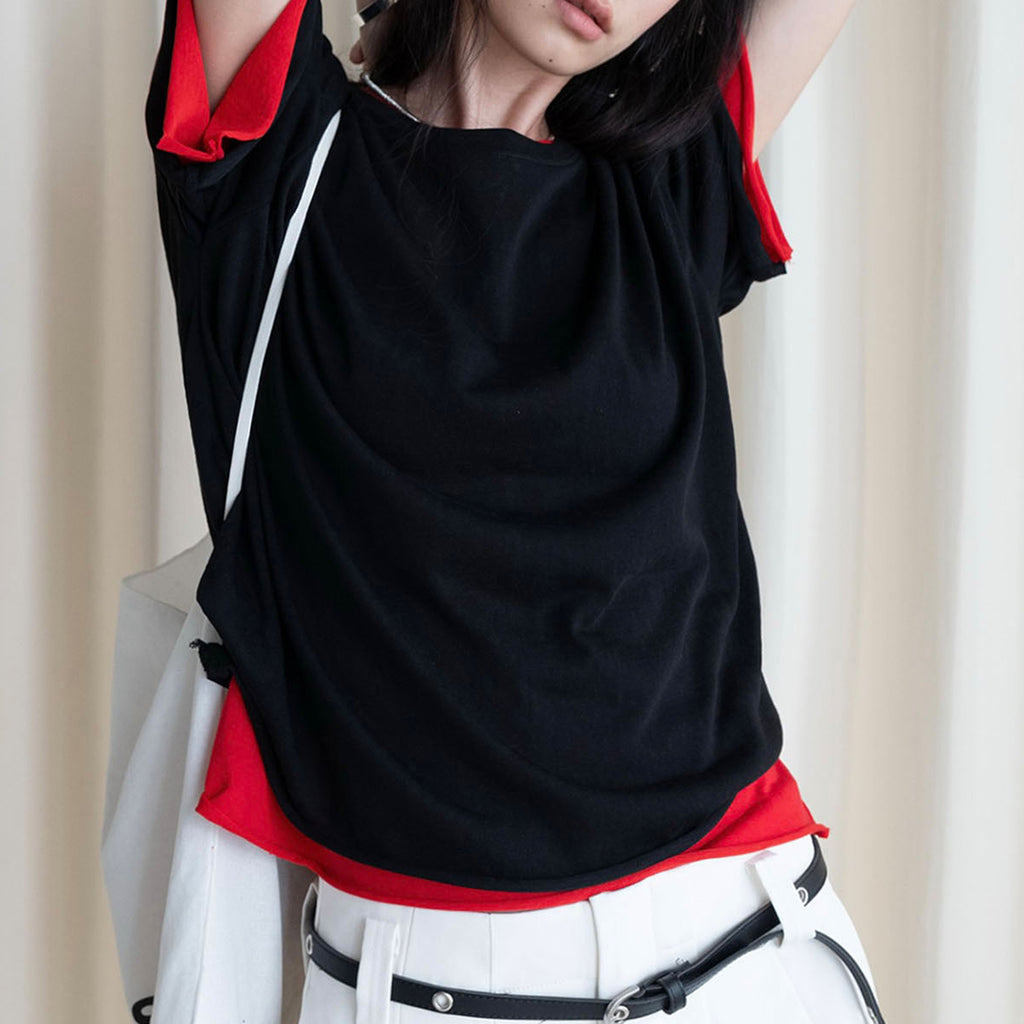 Round neck small rolled edge short sleeved slimming T-shirt