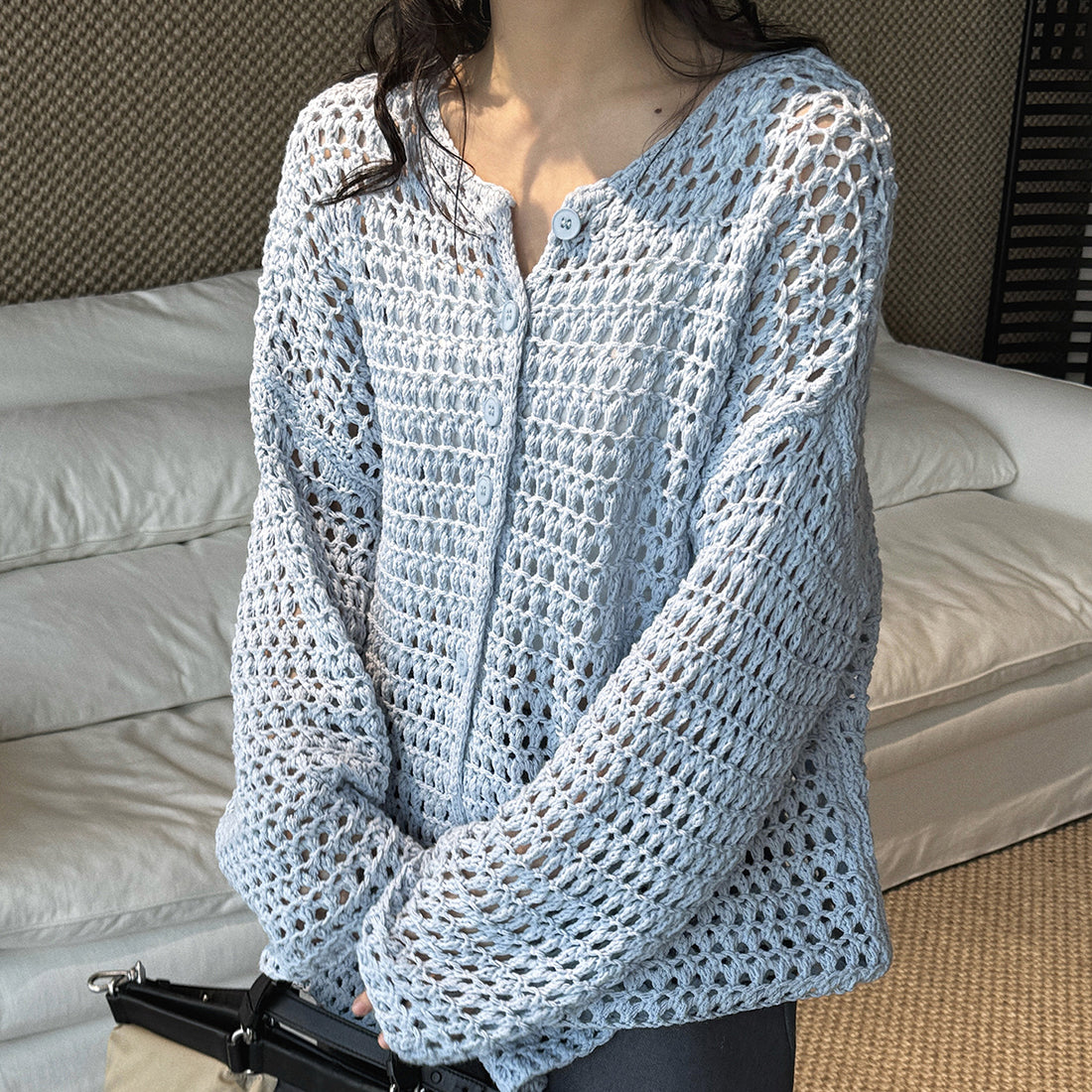 Large mesh hollow knitted cardigan loose top