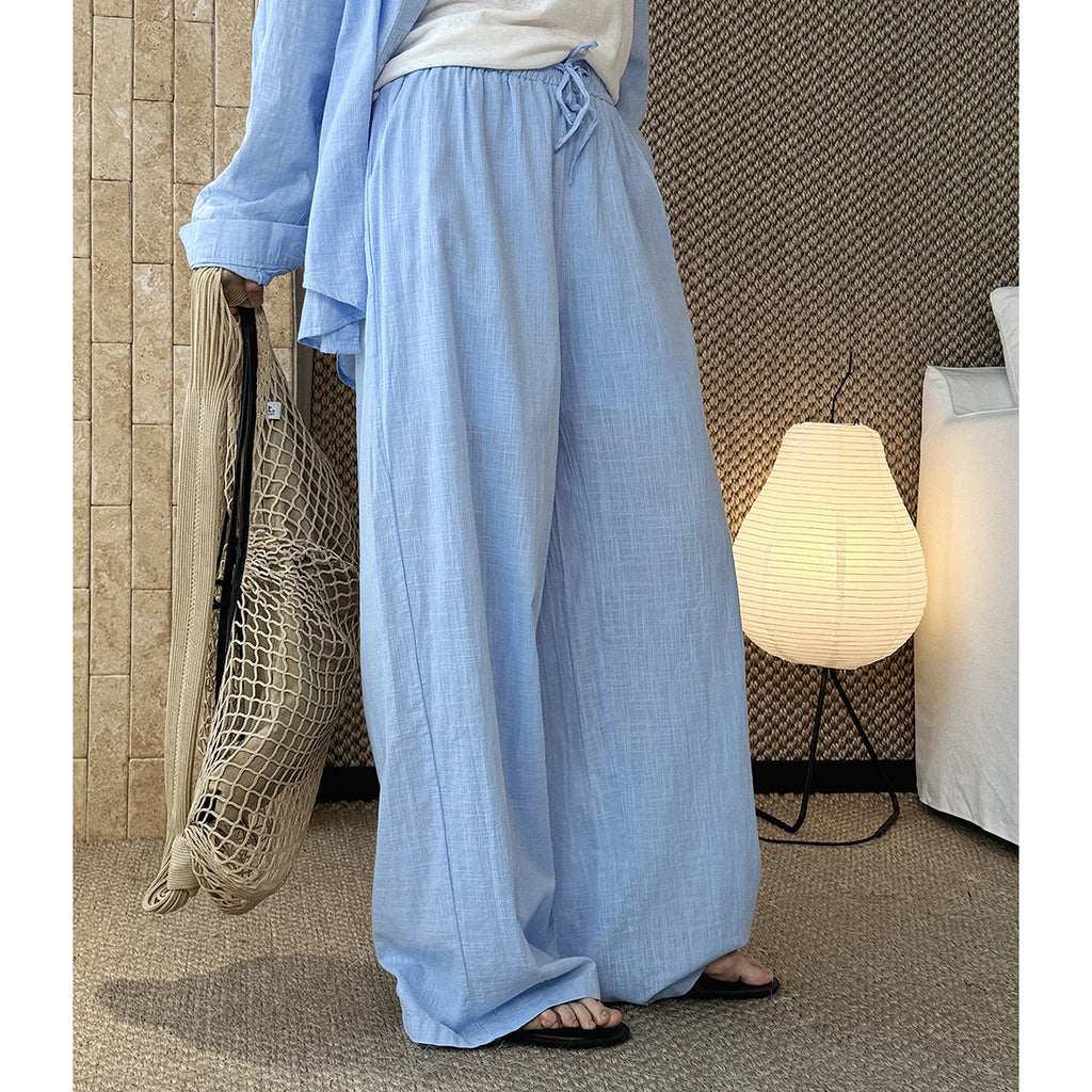 High Waist Cotton Linen Wide Leg Pants with Drawstring