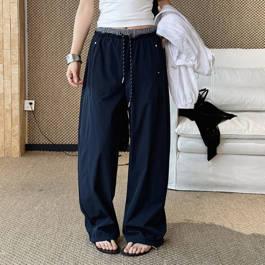Grid waistband elastic drawstring loose casual ankle pants
