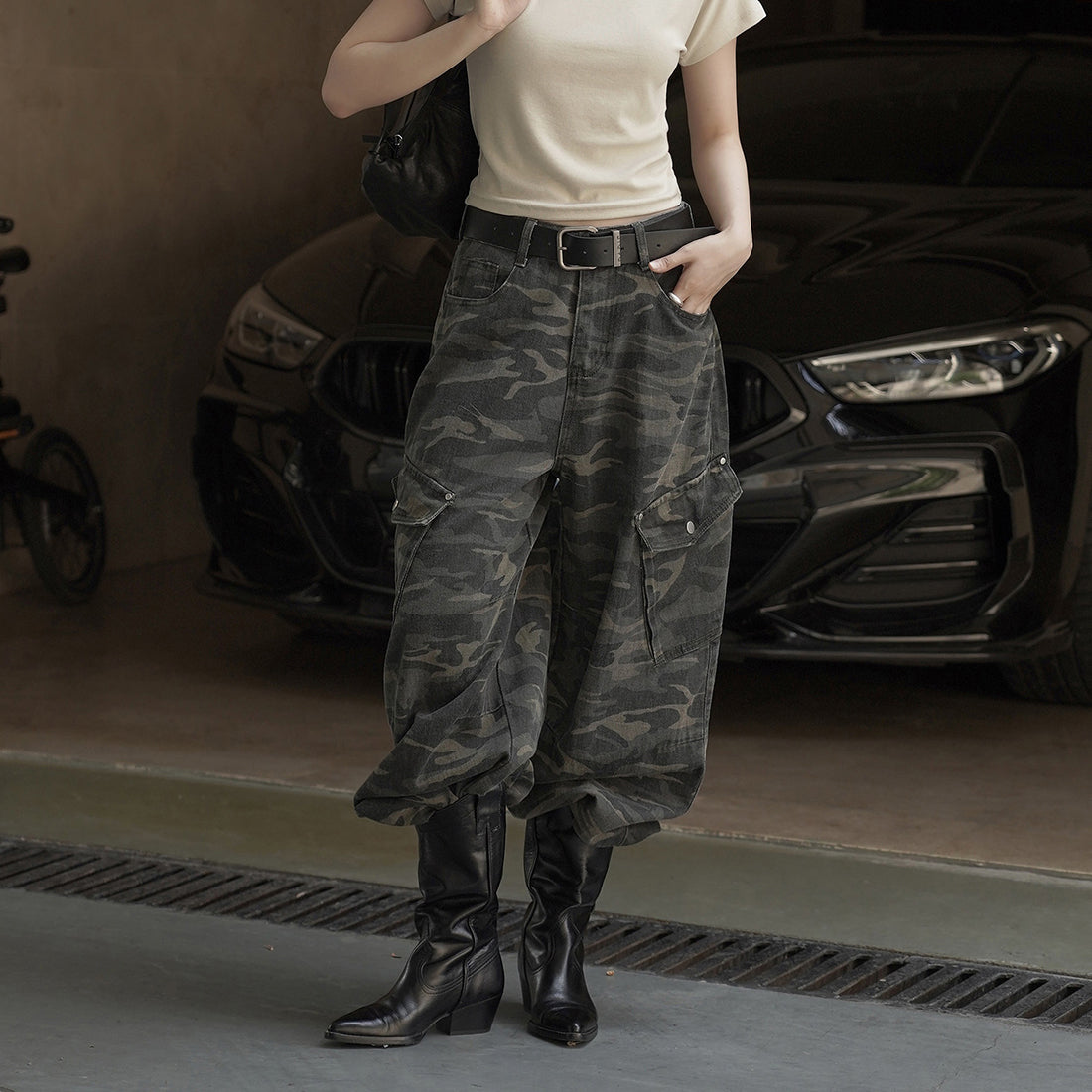 Retro large pocket casual cargo pants with belt