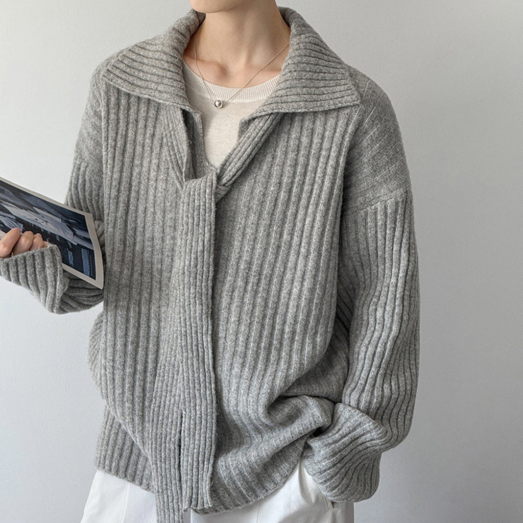 Flip collar knitted lazy V-neck sweater with belt
