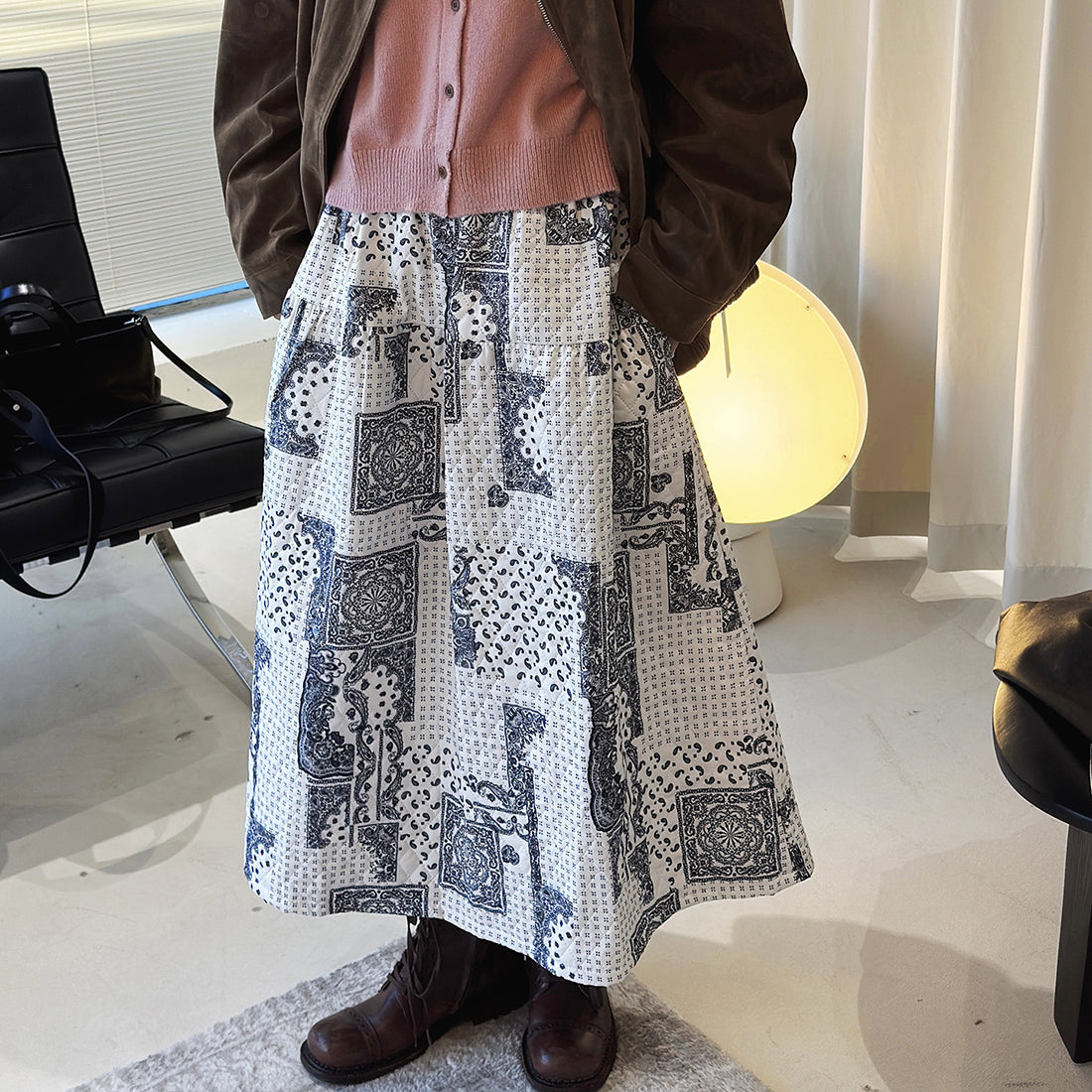 Retro Cashew Flower Splicing Elastic Waist Loose Skirt