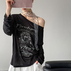 Women’s Off-Shoulder Printed Long-Sleeve Top with Polka Dot Scarf