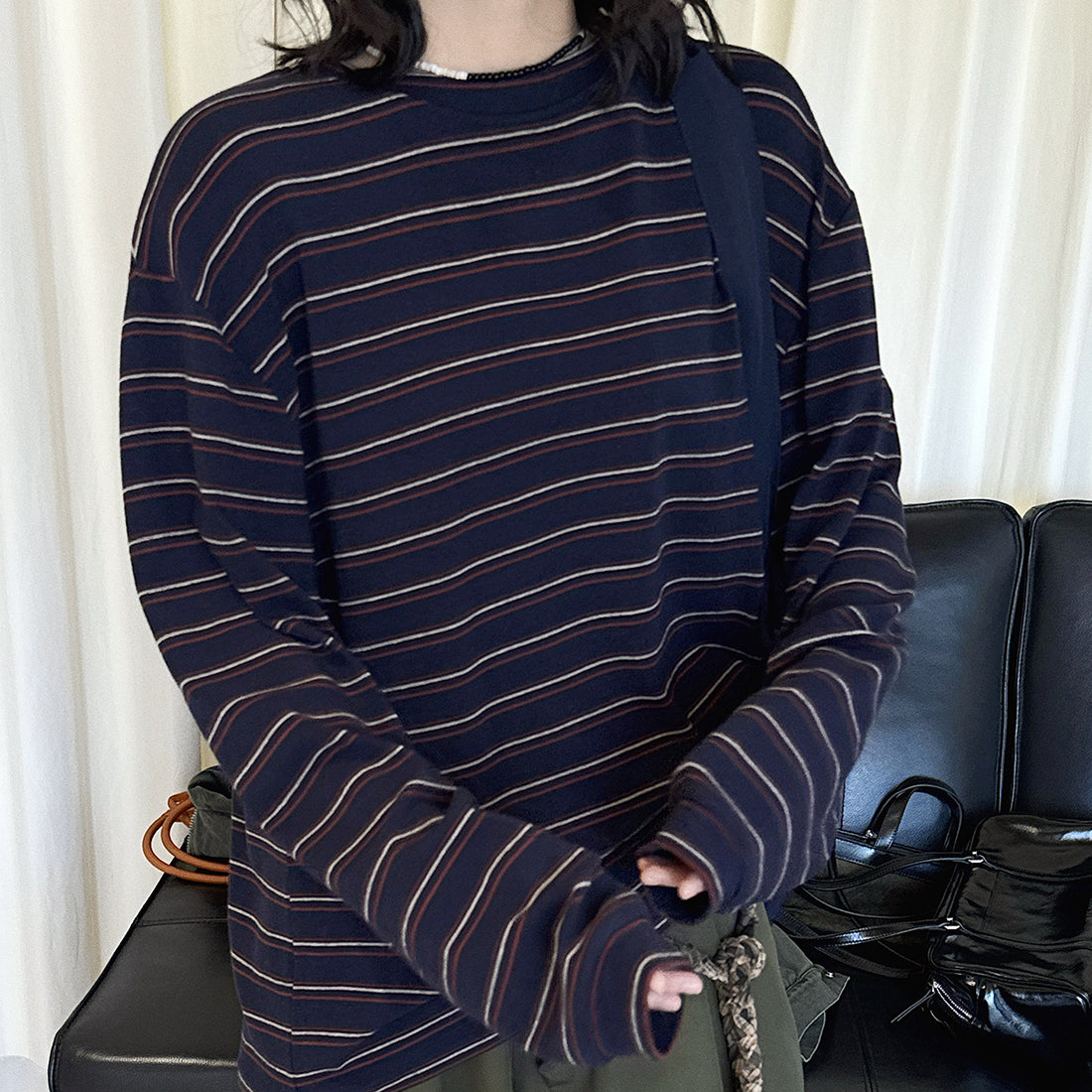 Retro minimalist round neck striped contrasting T-shirt top