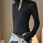 Slim fit stand collar zip long sleeve bodysuit