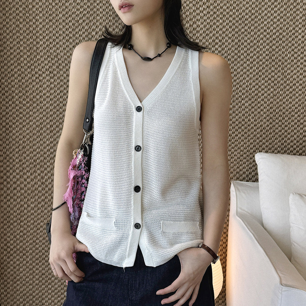 Sleeveless V-Neck Knit Button Vest Top