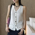 Sleeveless V-Neck Knit Button Vest Top