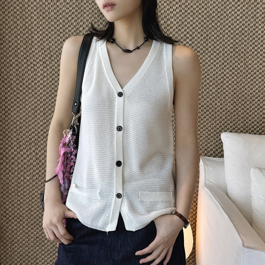 Sleeveless V-Neck Knit Button Vest Top