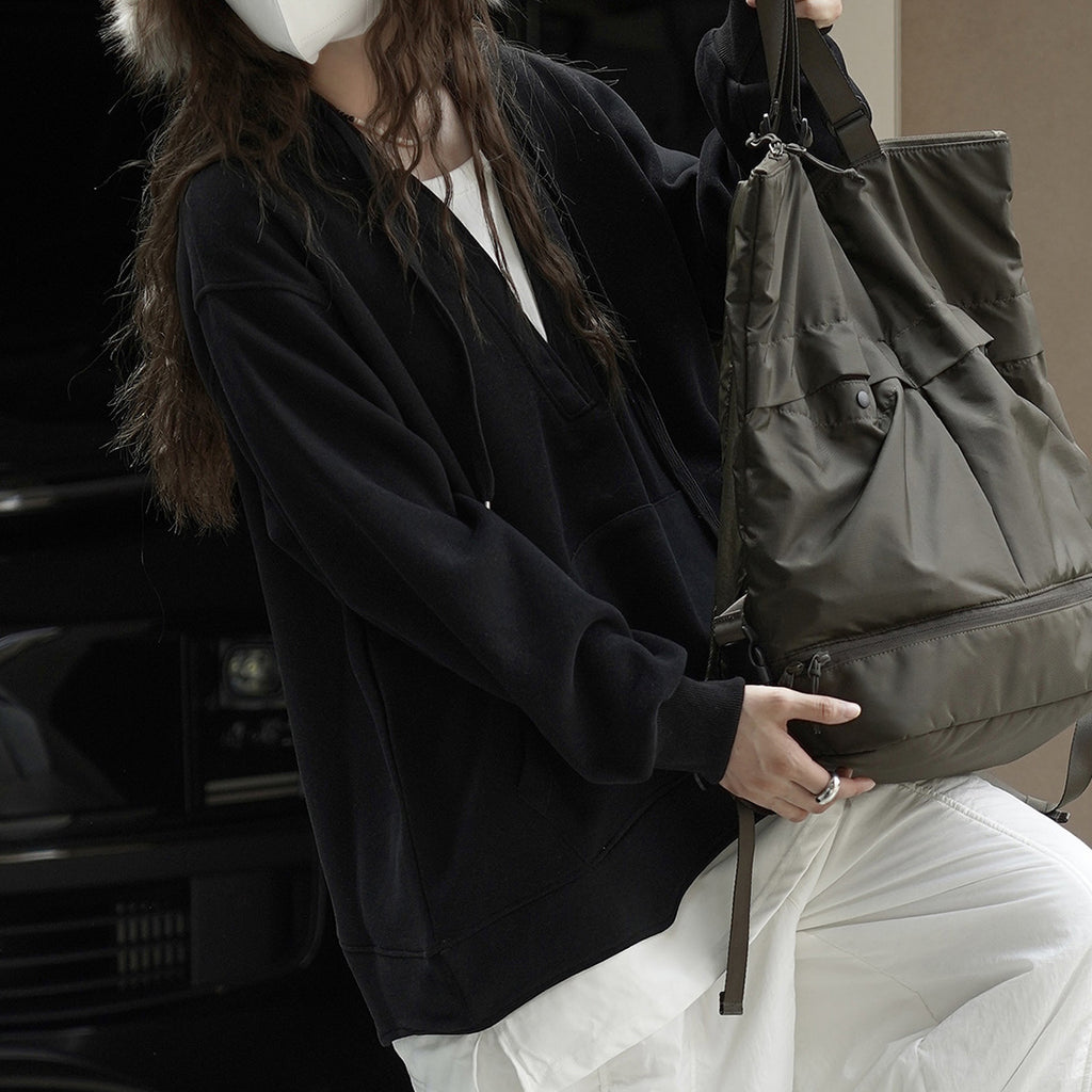 V-neck fake two-piece spliced loose hooded sweatshirt