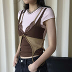 Retro INS style lace fake two-piece stacked T-shirt top