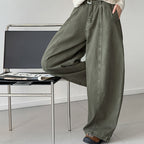 High waist wide leg pants women loose casual trousers with belt cotton