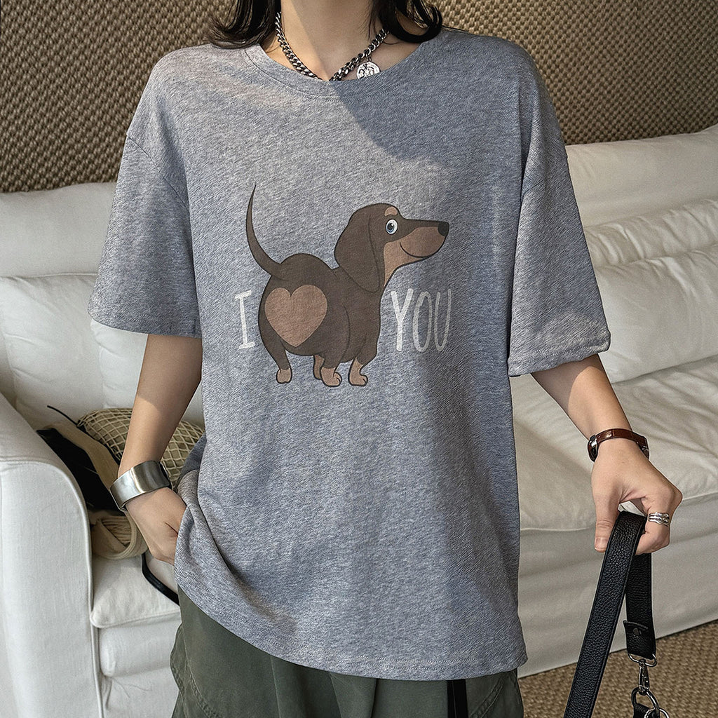 Round neck sausage dog letter printed short sleeve T-shirt top