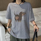 Round neck sausage dog letter printed short sleeve T-shirt top