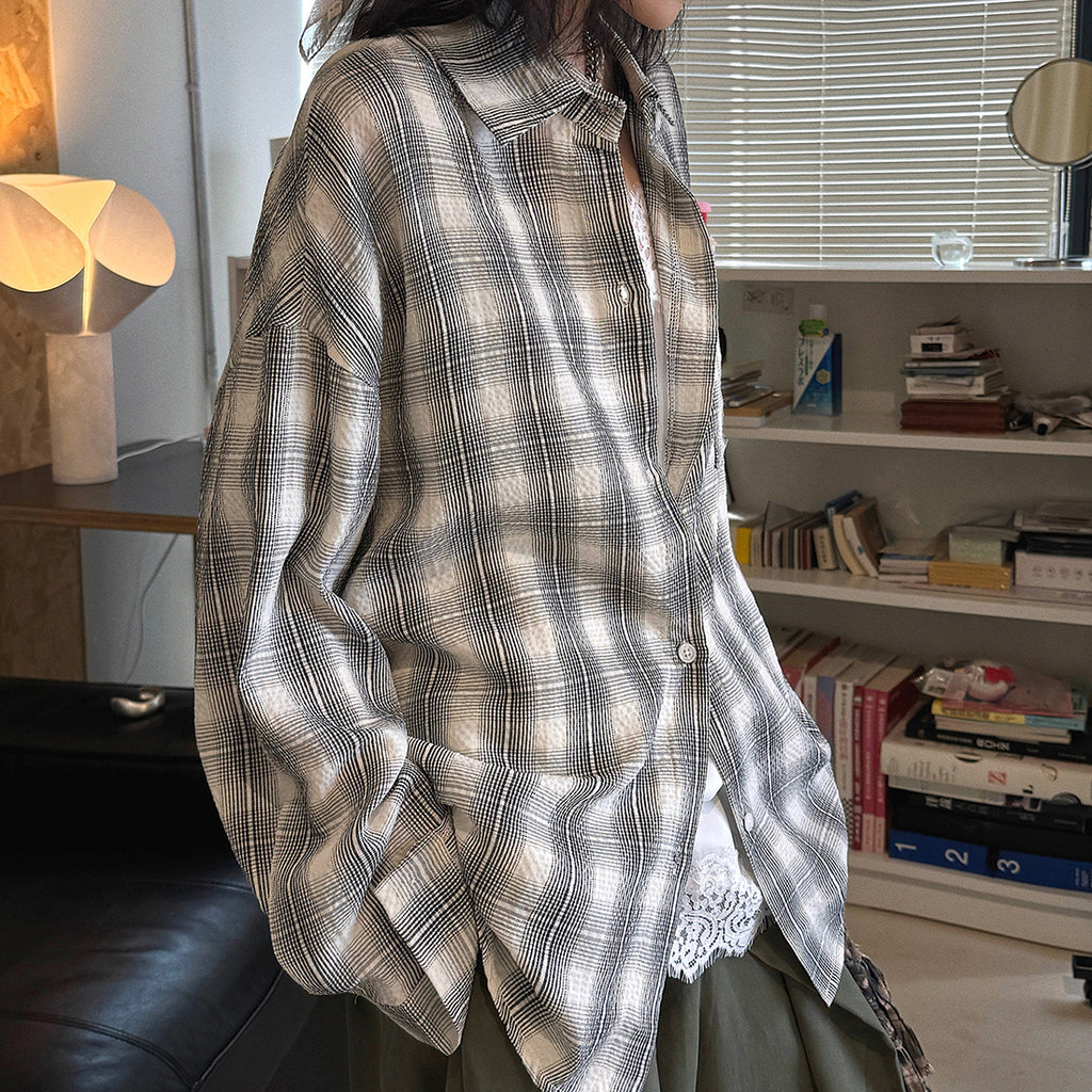 Vintage plaid cotton shirt loose long sleeve casual button down blouse