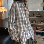 Vintage plaid cotton shirt loose long sleeve casual button down blouse