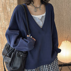 Deep V-neck raglan loose long sleeved sweatshirt