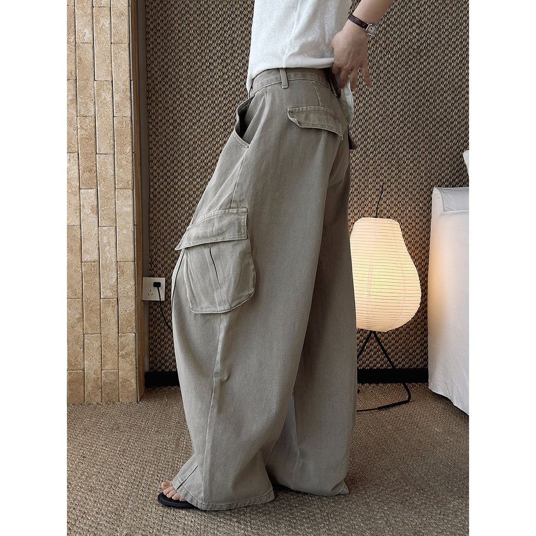 American style spliced large pocket loose wide leg jeans