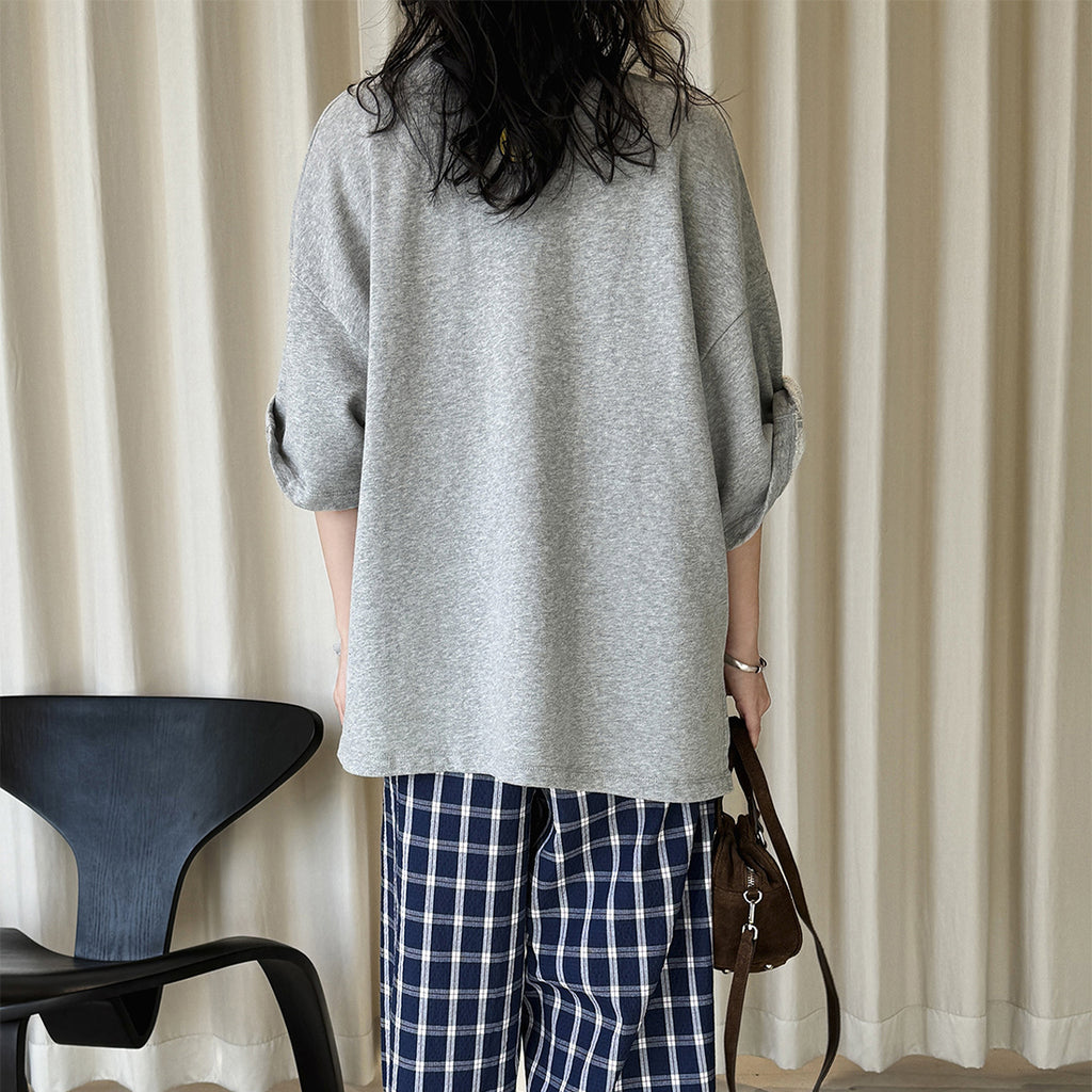 Round neck off shoulder oversized fleece T-shirt short sleeved loose fit top