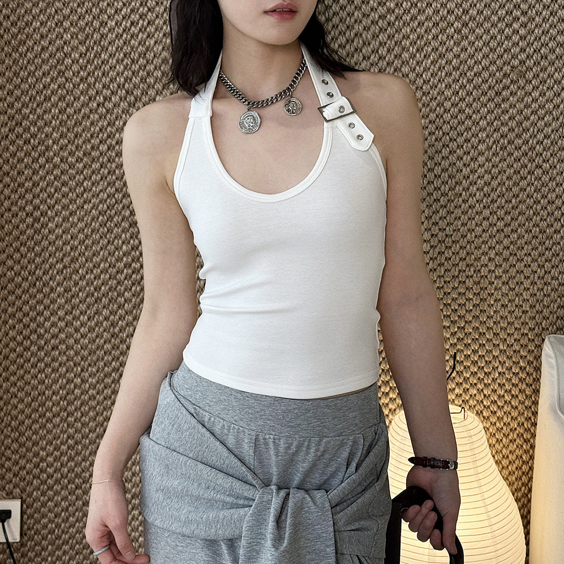 Halter Neck Fitted Tank Top with Buckle Strap Detail
