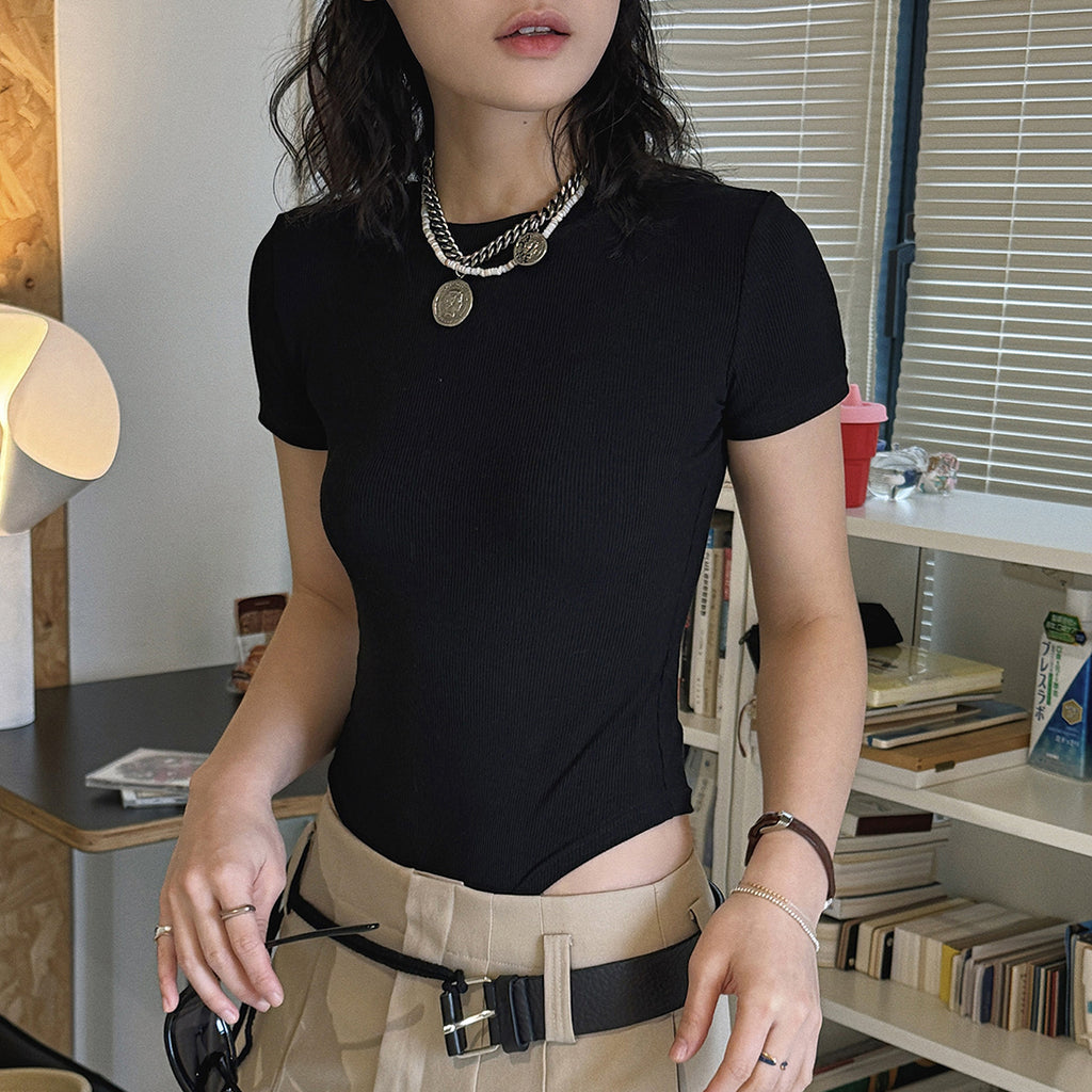 ribbed slim fit t shirt stretchy short sleeve fitted top