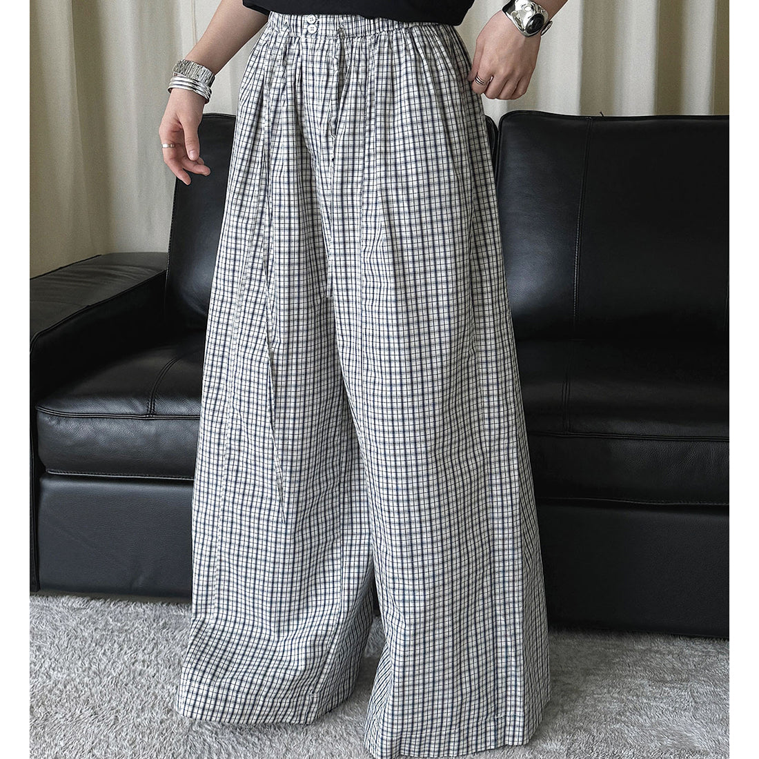 Color blocking plaid splicing casual elastic drawstring pants