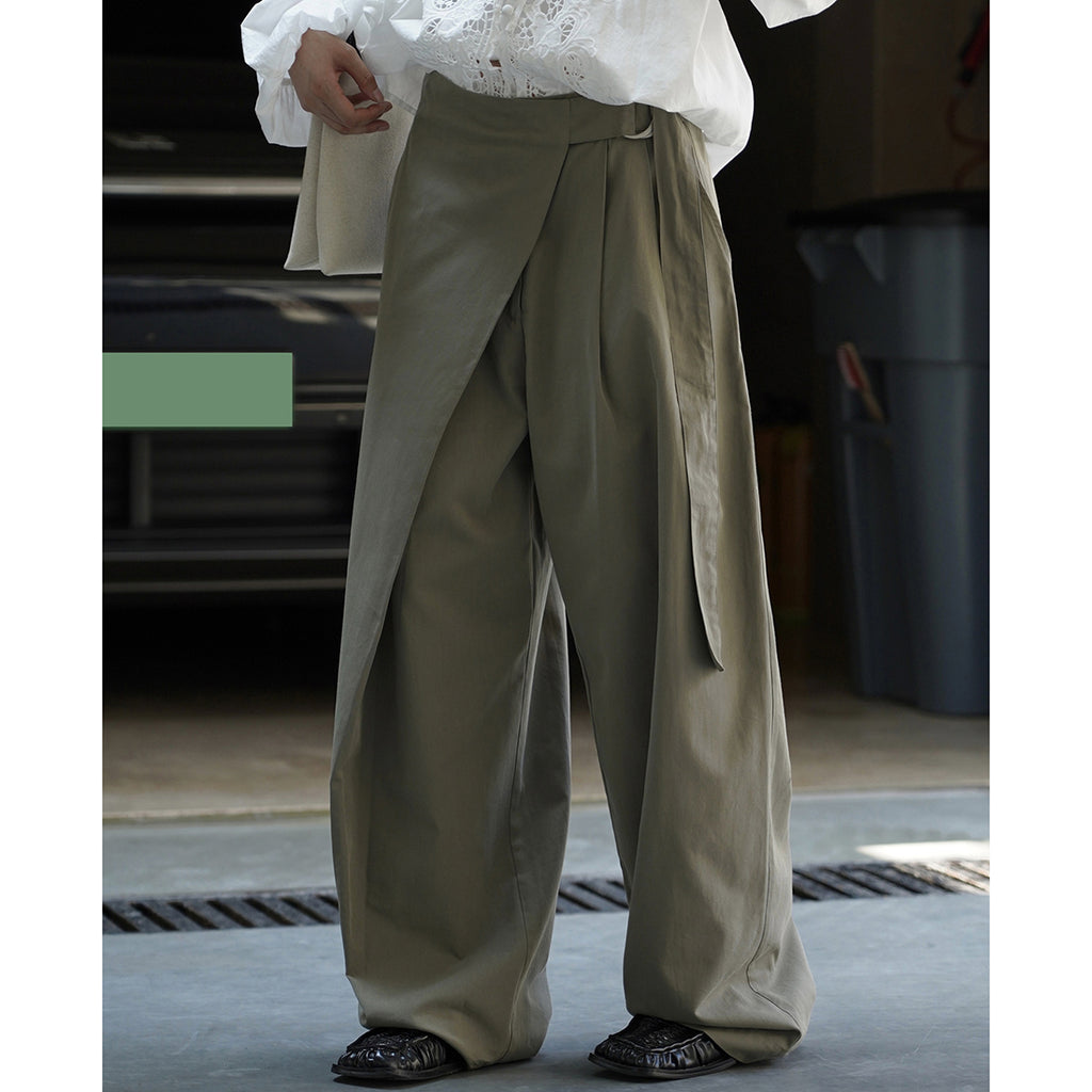 Retro slanted placket belt strap casual loose slimming pants