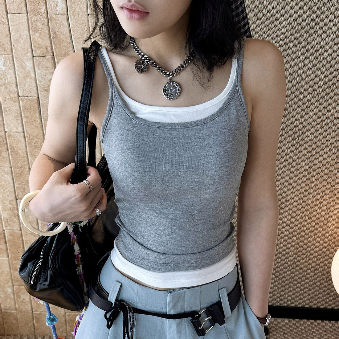 layered tank top slim fit stretchy camisole contrast trim sleeveless top