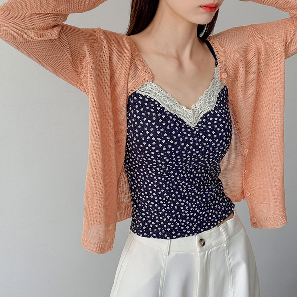 Women’s Lace Trim Floral Print Camisole with Built-in Bra