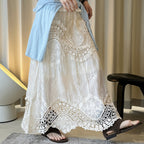 Boho lace embroidered maxi skirt with flowy silhouette and soft lining