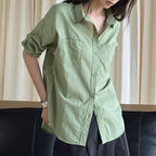 Line splicing loose button up shirt top
