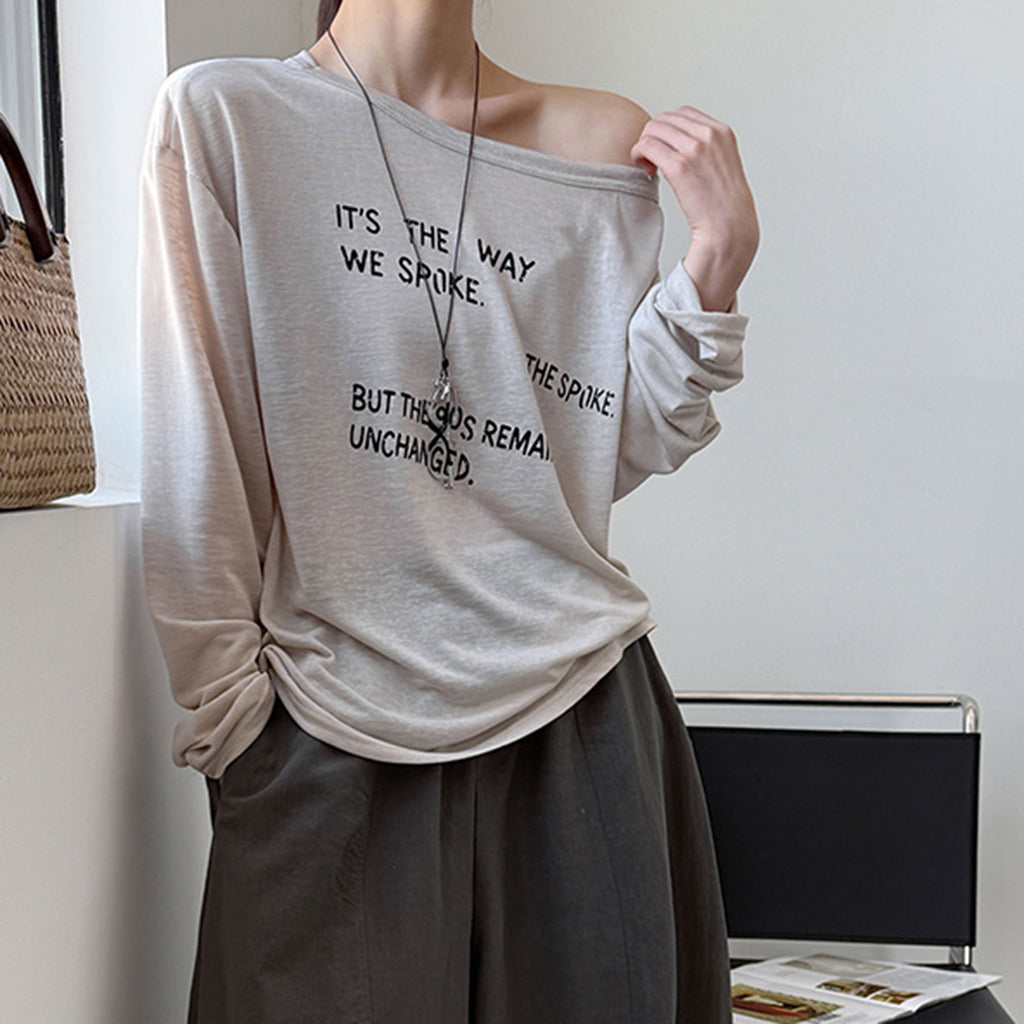 Women’s Off-Shoulder Letter Print Sheer Long-Sleeve Top