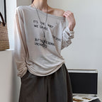 Women’s Off-Shoulder Letter Print Sheer Long-Sleeve Top